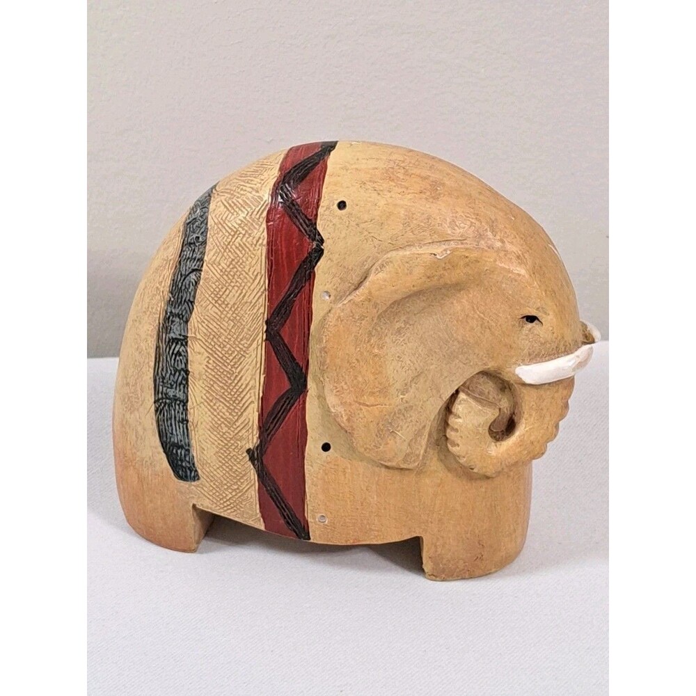 Hard Resin Elephant Figurine with Tribal Markings 4" X 4.5"